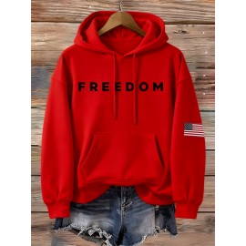 Men's Oversized Hooded Sweatshirt with FREEDOM Print & Flag Patch - Heavy-Duty Winter Warmth, Loose Fit Streetwear Pullover, Kangaroo Pocket, Drawstring Hood, Machine Washable Casual Sweater (Locally Shipped)
