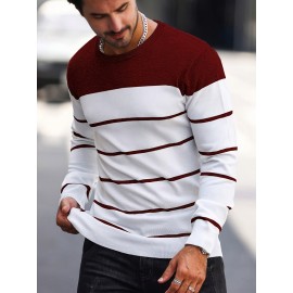 Men's Casual Striped Knit Pullover Sweater - Navy & White Contrast, Regular Fit H-Silhouette, Long Sleeve Crew Neck, Medium Stretch, Machine Washable for Spring & Fall, Medium-Stretch Fabric, Knit Sweater, Seasonal Clothing, Ribbed Detailing, Durable Construction, Versatile Top, Streetwear Style