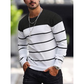 Men's Casual Striped Knit Pullover Sweater - Navy & White Contrast, Regular Fit H-Silhouette, Long Sleeve Crew Neck, Medium Stretch, Machine Washable for Spring & Fall, Medium-Stretch Fabric, Knit Sweater, Seasonal Clothing, Ribbed Detailing, Durable Construction, Versatile Top, Streetwear Style