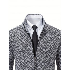 Men's Slim-Fit Thick Winter Knit Jacket with Stand Collar & Plaid Pattern - Warm Coat for Cold Weather, Casual Outerwear for Office or Everyday Use, Layering Piece under Suit Coats (Novelty Category)