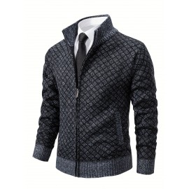 Men's Slim-Fit Thick Winter Knit Jacket with Stand Collar & Plaid Pattern - Warm Coat for Cold Weather, Casual Outerwear for Office or Everyday Use, Layering Piece under Suit Coats (Novelty Category)