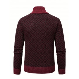 Men's Slim-Fit Thick Winter Knit Jacket with Stand Collar & Plaid Pattern - Warm Coat for Cold Weather, Casual Outerwear for Office or Everyday Use, Layering Piece under Suit Coats (Novelty Category)