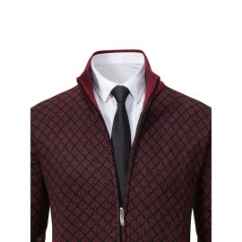 Men's Slim-Fit Thick Winter Knit Jacket with Stand Collar & Plaid Pattern - Warm Coat for Cold Weather, Casual Outerwear for Office or Everyday Use, Layering Piece under Suit Coats (Novelty Category)