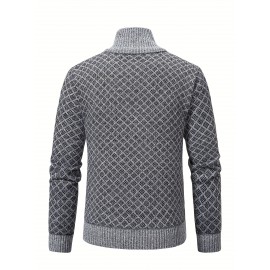 Men's Slim-Fit Thick Winter Knit Jacket with Stand Collar & Plaid Pattern - Warm Coat for Cold Weather, Casual Outerwear for Office or Everyday Use, Layering Piece under Suit Coats (Novelty Category)