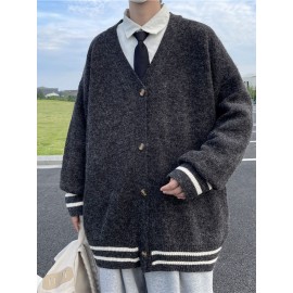 Men's & Unisex V-Neck Button-Up Cardigan Sweater - Casual Elegant Loose Fit Long Sleeve Knit Jacket, Solid Color Button Front Closure, Year-Round Machine Washable Outerwear