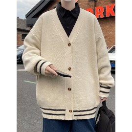 Men's & Unisex V-Neck Button-Up Cardigan Sweater - Casual Elegant Loose Fit Long Sleeve Knit Jacket, Solid Color Button Front Closure, Year-Round Machine Washable Outerwear