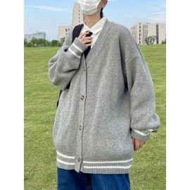 Men's & Unisex V-Neck Button-Up Cardigan Sweater - Casual Elegant Loose Fit Long Sleeve Knit Jacket, Solid Color Button Front Closure, Year-Round Machine Washable Outerwear