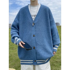 Men's & Unisex V-Neck Button-Up Cardigan Sweater - Casual Elegant Loose Fit Long Sleeve Knit Jacket, Solid Color Button Front Closure, Year-Round Machine Washable Outerwear