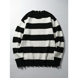 Long-Sleeved Sweatshirt for Autumn And Winter, Featuring a Stylish Checkered Perforated Design with a Unique Distressed Round Neck, Perfect for Keeping Warm for Men., Autumn Clothes Men, Jumpers For Men, Men Sweatshirt, Mens Jumpers, Mens Sweaters, Pullover Men, Sweatshirt Men, Winter Jumper Men