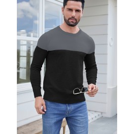 Men'S Casual Long Sleeve Crew Neck Sweater - & Grey Color Block Design, Soft Stretchy Fabric, Regular Fit, Spring/Fall Essential for Casual Attire, Knit, Spring Fall Clothing, Classic Knitwear, Comfortable Knitwear