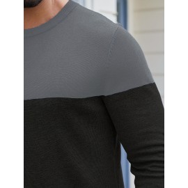 Men'S Casual Long Sleeve Crew Neck Sweater - & Grey Color Block Design, Soft Stretchy Fabric, Regular Fit, Spring/Fall Essential for Casual Attire, Knit, Spring Fall Clothing, Classic Knitwear, Comfortable Knitwear