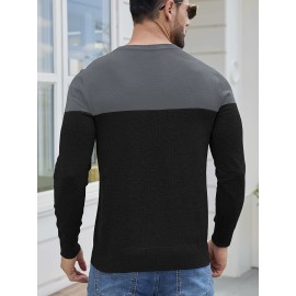 Men'S Casual Long Sleeve Crew Neck Sweater - & Grey Color Block Design, Soft Stretchy Fabric, Regular Fit, Spring/Fall Essential for Casual Attire, Knit, Spring Fall Clothing, Classic Knitwear, Comfortable Knitwear
