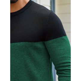 Men'S Casual Long Sleeve Crew Neck Sweater - & Grey Color Block Design, Soft Stretchy Fabric, Regular Fit, Spring/Fall Essential for Casual Attire, Knit, Spring Fall Clothing, Classic Knitwear, Comfortable Knitwear