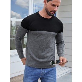 Men'S Casual Long Sleeve Crew Neck Sweater - & Grey Color Block Design, Soft Stretchy Fabric, Regular Fit, Spring/Fall Essential for Casual Attire, Knit, Spring Fall Clothing, Classic Knitwear, Comfortable Knitwear