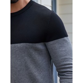 Men'S Casual Long Sleeve Crew Neck Sweater - & Grey Color Block Design, Soft Stretchy Fabric, Regular Fit, Spring/Fall Essential for Casual Attire, Knit, Spring Fall Clothing, Classic Knitwear, Comfortable Knitwear