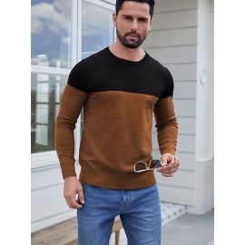 Men'S Casual Long Sleeve Crew Neck Sweater - & Grey Color Block Design, Soft Stretchy Fabric, Regular Fit, Spring/Fall Essential for Casual Attire, Knit, Spring Fall Clothing, Classic Knitwear, Comfortable Knitwear