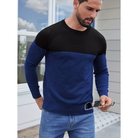 Men'S Casual Long Sleeve Crew Neck Sweater - & Grey Color Block Design, Soft Stretchy Fabric, Regular Fit, Spring/Fall Essential for Casual Attire, Knit, Spring Fall Clothing, Classic Knitwear, Comfortable Knitwear