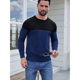 Men'S Casual Long Sleeve Crew Neck Sweater - & Grey Color Block Design, Soft Stretchy Fabric, Regular Fit, Spring/Fall Essential for Casual Attire, Knit, Spring Fall Clothing, Classic Knitwear, Comfortable Knitwear