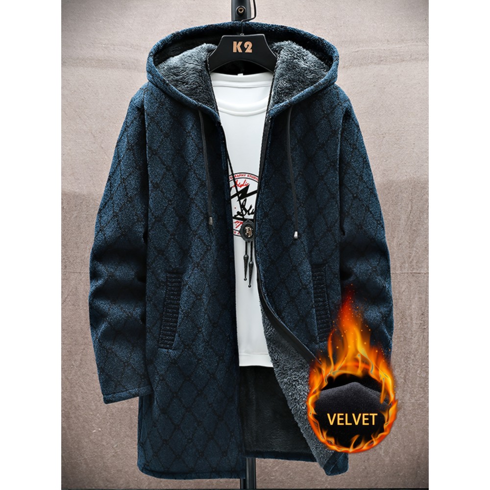 Autumn and winter Men's casual mid to long length jacket with hooded and plush thick warm jacket, fashionable and versatile top, Seasonal Fashion, Winter Outerwear, Long Coat, Stylish Outerwear, Warm Fabric, Men's Hoodie, Outerwear Essential, Men's