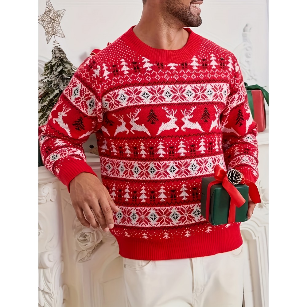 Men's Christmas Knit Sweater - Loose Fit Round Neck Pullover, Traditional Holiday Party Attire, Winter Wedding & Xmas Party Outfit, Cozy Autumn/Winter Sweaters for men, Christmas Gift (Hand Washable)
