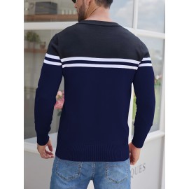 Men'S Thermal Long Sleeve Sweater - Winter Warmth Pullover with Striped Collar, H-Line Silhouette, Soft Stretchy Fabric for Office, Formal, Knit, Winter Sweater For Men, Winter Clothes For Men, Winter Clothes For Women, Winter Clothes For Women Plus