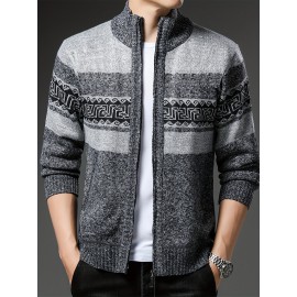 Men'S Winter Warm Jacquard Cardigan Sweater - Full-Zip Stand Collar Long Sleeve Coat with Full-Zip Front Closure, / Contrast, Casual to Formal Outerwear, Regular Fit for Fall & Winter, Versatile Everyday & Formal Wear, Durable Knit Construction