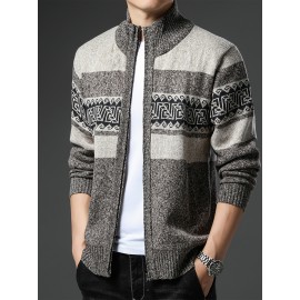Men'S Winter Warm Jacquard Cardigan Sweater - Full-Zip Stand Collar Long Sleeve Coat with Full-Zip Front Closure, / Contrast, Casual to Formal Outerwear, Regular Fit for Fall & Winter, Versatile Everyday & Formal Wear, Durable Knit Construction