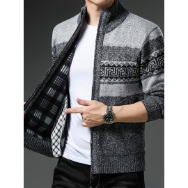 Men'S Winter Warm Jacquard Cardigan Sweater - Full-Zip Stand Collar Long Sleeve Coat with Full-Zip Front Closure, / Contrast, Casual to Formal Outerwear, Regular Fit for Fall & Winter, Versatile Everyday & Formal Wear, Durable Knit Construction