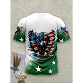 USA Flag 3D Print Casual Men's T-Shirt - 100% Polyester Knit Fabric, Regular Fit, Slight Stretch, 110g/m²