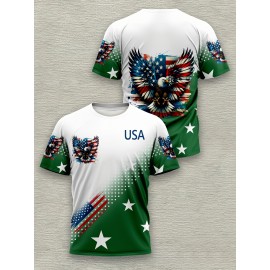 USA Flag 3D Print Casual Men's T-Shirt - 100% Polyester Knit Fabric, Regular Fit, Slight Stretch, 110g/m²