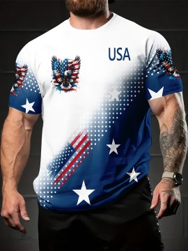 USA Flag 3D Print Casual Men's T-Shirt - 100% Polyester Knit Fabric, Regular Fit, Slight Stretch, 110g/m²