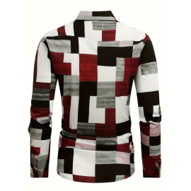 Men's Long Sleeve Dress Shirt with Collar & Button Front - Geometric Pattern Button- Shirt, Machine Washable Spring/Fall Casual & Smart-Casual Blouse for Office, Wedding, Events - Classic Buttoned-Up Style (Regular Fit)