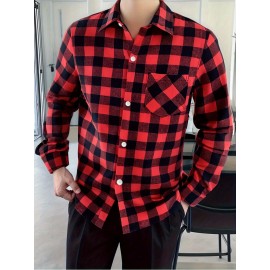Trendy Checkered Vintage Plaid Colorblocking Men'S Casual Shirt with Chest Pocket, Grid Pattern Top for Spring and Autumn Wear, Comfortable Stylish Design