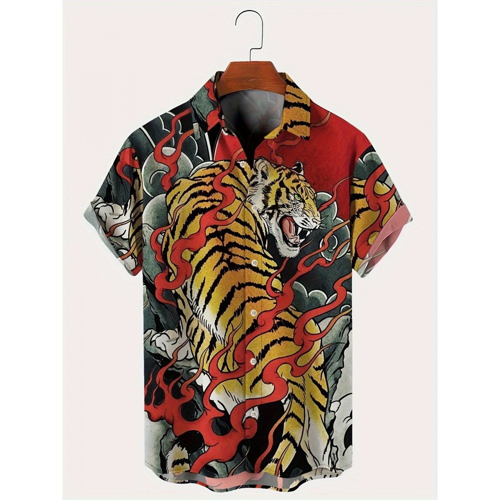 Men's Japanese Ukiyo-e Tiger Shirt - Bold Red & Black Flame Button-Up, Lightweight Non-See-Through Fabric, Regular Fit Casual Shirt for Everyday & Formal Events, Plus Size Available, Summer Outfit, Digital Heat Transfer