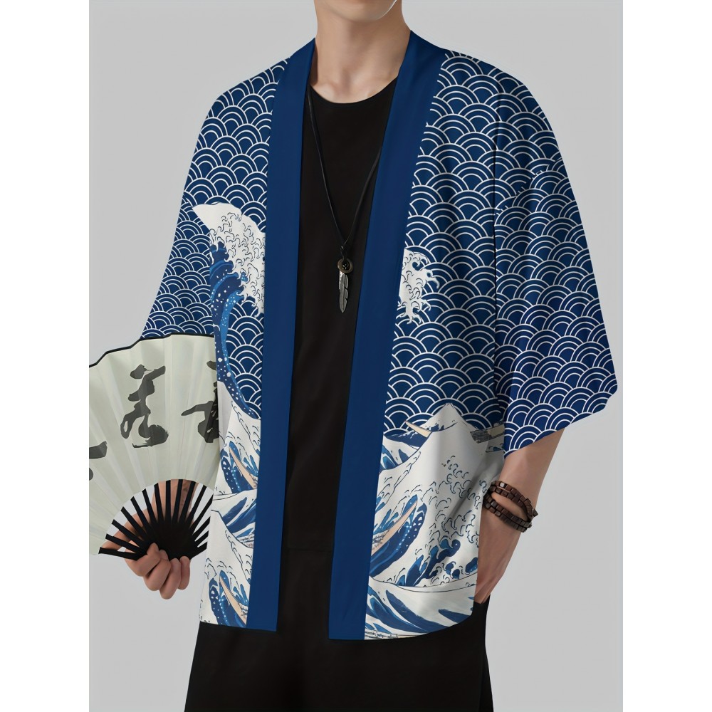 Men's Japanese Kimono Robe - Casual Samurai Beachwear with Breathable Polyester, Lightweight & Machine Washable, Multicolor Digital Print, Loose Fit Open Front Design for Summer Outdoor Leisure, Beach Kimono, Leisure Wear, Respirable Fabric