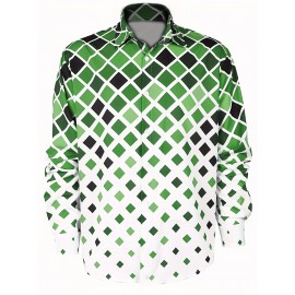 Men's Boho Chic Long Sleeve Shirt - Green & White Geometric Pattern, Machine Washable, Polyester Button-Up with Lapel Collar for Spring/Fall