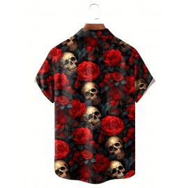 Men'S Plus Size Gothic Rock Music Shirt - Hawaiian Button-Up Blouse with Skull & Rose Print, Black & Red Vintage Style Formal & Halloween Party Outfit - Lightweight Summer Shirt for Concerts, Themed Events - Adult Men'S Clothing, Style Clothe For Men, Men Short Sleeve Shirt, Hawaiian Shirt For Men, Summer Shirt For Men, Hawaiian Shirt Men, Men Hawaiian Shirt, Men Dress Shirt, Men Shirt, Men Clothe