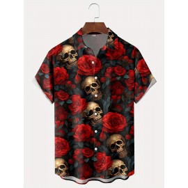 Men'S Plus Size Gothic Rock Music Shirt - Hawaiian Button-Up Blouse with Skull & Rose Print, Black & Red Vintage Style Formal & Halloween Party Outfit - Lightweight Summer Shirt for Concerts, Themed Events - Adult Men'S Clothing, Style Clothe For Men, Men Short Sleeve Shirt, Hawaiian Shirt For Men, Summer Shirt For Men, Hawaiian Shirt Men, Men Hawaiian Shirt, Men Dress Shirt, Men Shirt, Men Clothe