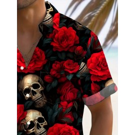 Men'S Plus Size Gothic Rock Music Shirt - Hawaiian Button-Up Blouse with Skull & Rose Print, Black & Red Vintage Style Formal & Halloween Party Outfit - Lightweight Summer Shirt for Concerts, Themed Events - Adult Men'S Clothing, Style Clothe For Men, Men Short Sleeve Shirt, Hawaiian Shirt For Men, Summer Shirt For Men, Hawaiian Shirt Men, Men Hawaiian Shirt, Men Dress Shirt, Men Shirt, Men Clothe