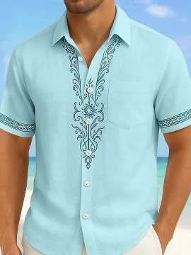 Men'S Floral Print Ethnic Floral Shirt - Light Blue Short Sleeve Button-Up with Intricate White & Green Floral Design, Vintage-Inspired Summer Casual Wear, Non-Stretch Fabric, Perfect for Beach or Vacation, Beach Attire, Vacation Style, Elegant Lapel Collar, Nonstretch Fabric, Men Shirt Short Sleeve, Shirt For Men, Men Shirt, Men Clothe, Shirt For Men Stylish