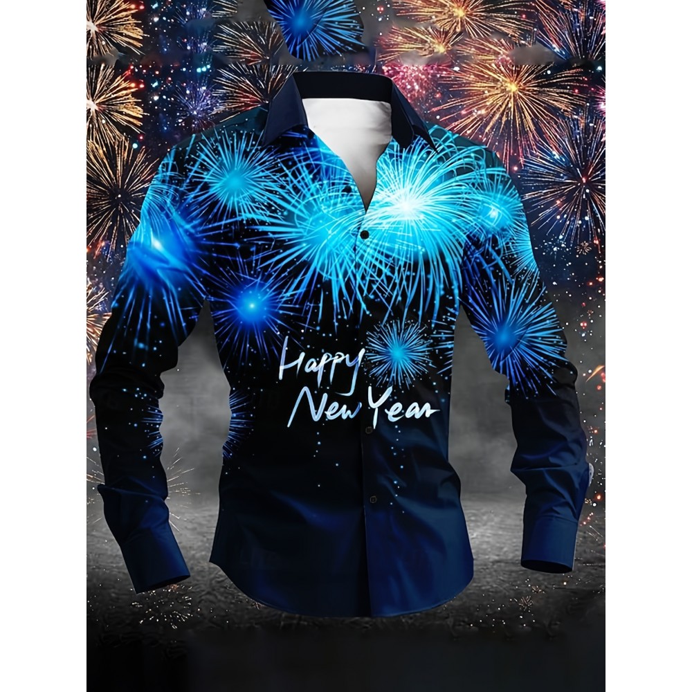 Men'S Casual New Year Fireworks Print Shirt | Unique Fireworks Design, Comfortable and Skin-Friendly High-Quality Fabric, Suitable for Festive Occasions