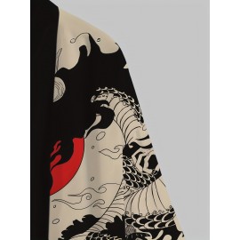 Men's Vintage Dragon Print Kimono Cardigan - Loose Fit, Sun Protection, Polyester, Casual Summer Style, Machine Washable
