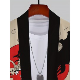 Men's Vintage Dragon Print Kimono Cardigan - Loose Fit, Sun Protection, Polyester, Casual Summer Style, Machine Washable