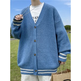 Men's & Unisex V-Neck Button-Up Cardigan Sweater - Casual Elegant Loose Fit Long Sleeve Knit Jacket, Solid Color Button Front Closure, Year-Round Machine Washable Outerwear