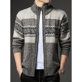 Men'S Winter Warm Jacquard Cardigan Sweater - Full-Zip Stand Collar Long Sleeve Coat with Full-Zip Front Closure, / Contrast, Casual to Formal Outerwear, Regular Fit for Fall & Winter, Versatile Everyday & Formal Wear, Durable Knit Construction