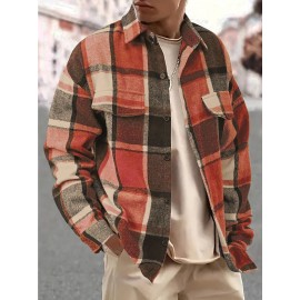 [Vintage Plaid Shirt] Vintage Plaid Shirt for Men | Single-Breasted, Loose Fit, Long Sleeve Casual Top | Black & White Checkered Pattern, Button-Up Front, Nonelastic Fabric | Perfect for Fall/Winter Outings & Casual Wear
