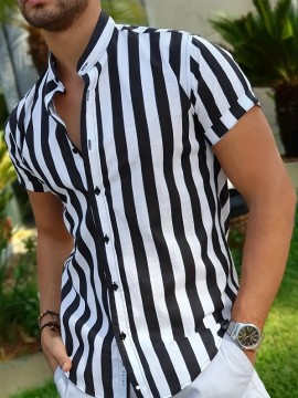 Men's Hawaiian Shirt - Black & White Striped with Orange Collar, Short Sleeve Summer Beach Shirt, Relaxed Fit Casual & Semi-Formal Outfits, Machine Washable Tropical Shirt for Men, Mismatched Pattern with Black and White Stripes, Breathable Fabric for Warm Weather, Stylish and Comfortable for Beach Outings and Casual Attire, Hawaiian Shirt Men Plus Size