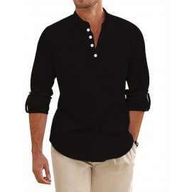 Men's Pink Henley Shirt with Stand Collar - Versatile Long Sleeve Half-Button Tee for Casual & Formal Wear, Smooth Polyester Fabric, Machine Washable, Spring/Fall Essential, Spring Attire | Classic Henley Shirt | Solid Color Shirt